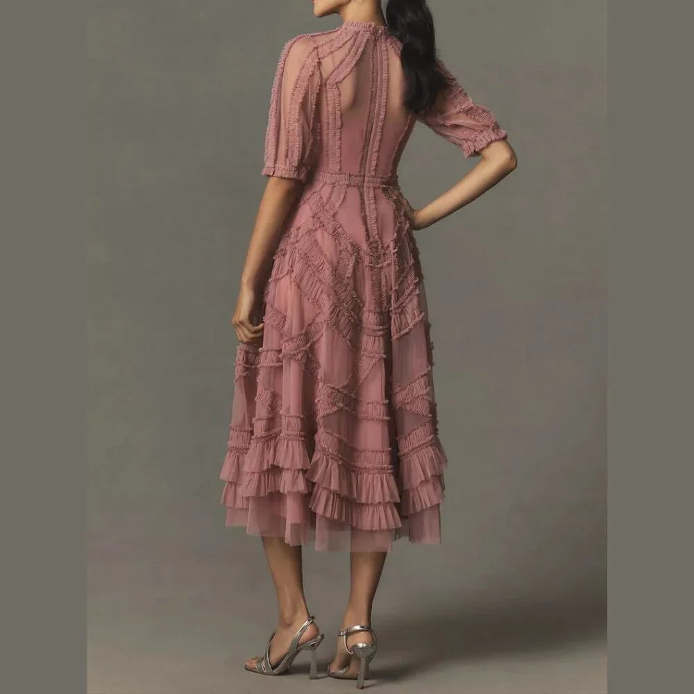 Anthropologie Mac Duggal 8058 Pink High Neck Micro Ruffle Tiered Midi Dress - Picture 4 of 6